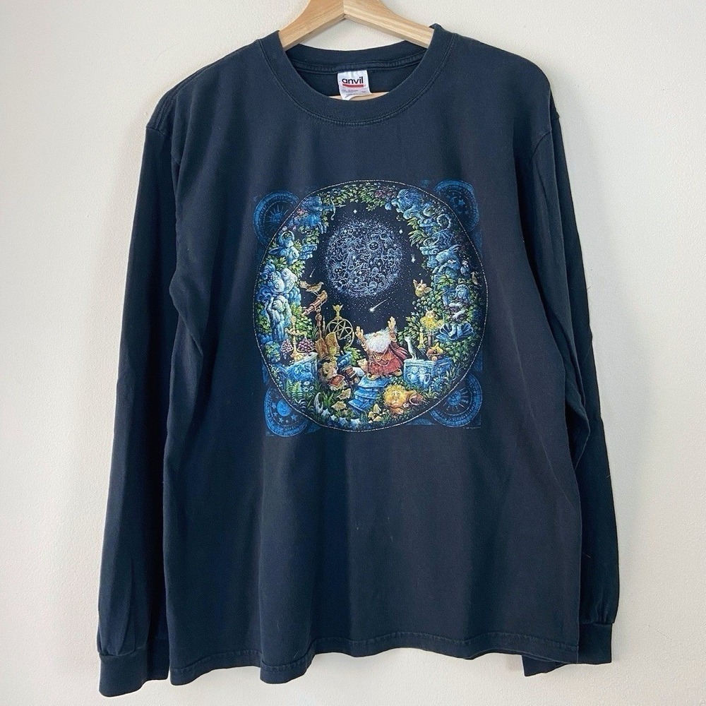 Vintage 90's Magic Wizard Galaxy Fantasy Nature Art Black Tee Shirt - Medium